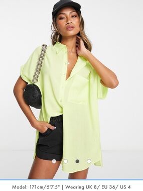 Topshop crinkle short sleeve button down shirt in lime size 6 Brand New